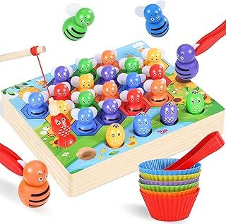 Ophy Montessori Counting Toys - Rainbow Counting Bees with Matching Bowl for 3+ Year Old Boy Girls 3 in 1 Sorting Toys for Toddlers Magnetic Fishing Game Wooden Educational Toy Birthday Gift