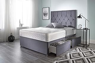 Ziggy Grey Plush Sprung Memory Foam Divan Bed Set With Mattress, 4 Drawers And Headboard (Double (135cm X 190cm))