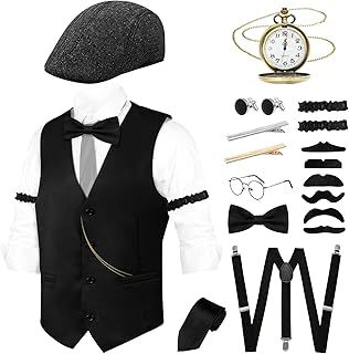 1920s Gastby Costume Accessories for Men, 1920 Mens Costume with Hat Gangster Vest Pocket Watch Suspenders Bow Tie Suit for Halloween Gatsby Cosplay