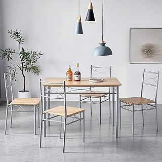 Dining Table and Chairs Set Metal Wood Effect Table Dining Set 4 Chairs Silvia (Natural)