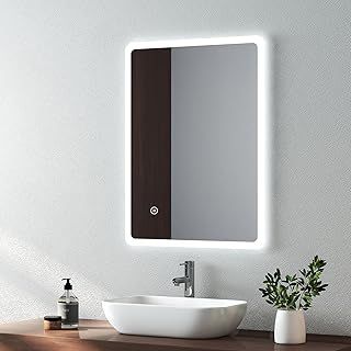 EMKE 450 X 600 mm Backlit Illuminated Bathroom Mirror, Wall Mounted Multifunction Bathroom Vanity Mirror with LED Lights and Demister Pad, Energy-Saving LED Smart Mirrors