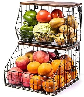 Vegetable Rack, Fruit Basket for Kitchen,Countertop, Wall Mounted Vegetable Rack for Kitchen, Hanging Vegetable Baskets, Black Wire Vegetable Basket,Stackable Fruit And Veg Storage for Onion,Potato