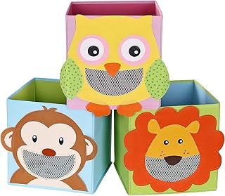 SONGMICS Storage Box Set of 3, Toy Boxes, Toy Organiser, Foldable Cubes, for Living Room, Children’s Room, Kids Playroom, 27 x 27 x 27 cm, Animal Motifs, Colourful RFB01KU