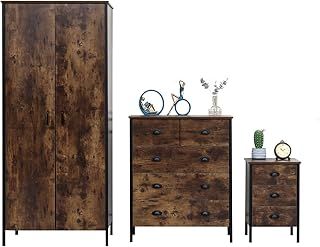 Retro Industrial Style Bedroom Furniture 3 Pieces Set 2 Doors Wardrobe + (2+3) Drawers Chest + 3 Drawers Bedside Table for Bedroom Storage