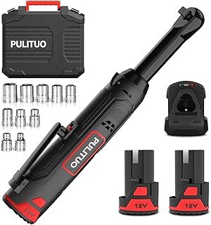 PULITUO 12V 3/8" Long Neck Electric Ratchet Wrench, 40Ft-lbs Extended Cordless Ratchet Wrench Kit with 2x2.0Ah Batteries & Fast Charge, 300RPM Variable Speed Ratcheting Wrench with 10 Sockets