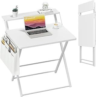 Folding Desk with Monitor Stand,60 cm Small Computer Desk with Storage Bag, Modern Simple Portable Foldable Desks with Hooks for Home Office,White