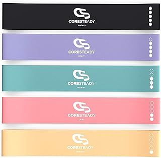 Coresteady Resistance Bands Set of 5 - Mini Fitness & Loop Exercise Band for Men & Women - Yoga, Body & Gym Sport Resistance Loop Bands for Strength, Muscle & Tone - With E-Guide & Travel Bag