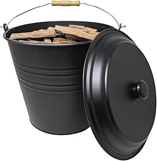 12 Litre Black Metal Ash Bucket - Wooden Handle Fireplace Container Coal Storage, Wooden Handle & Lid Handle | Log Holder | Living Room, Fireplace, Fire Pit Wood Burning Stove Bin, Includes Lid