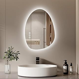 S'AFIELINA Bathroom Mirror with LED Lights 60 x 45 cm Asymmetrical LED Bathroom Mirror with Smart Touch Switch, 3 Colors Dimmable Light, Anti-Fog, Memory Function Wall Mounted Vanity Mirror