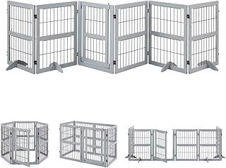 unipaws Extra Wide Dog Gate with Door, Freestanding 6 Panels Pet Gate, Wooden Pet Playpen 80cm High with Support Feet, Foldable Dog Barrier for Doorway Stairs, Grey