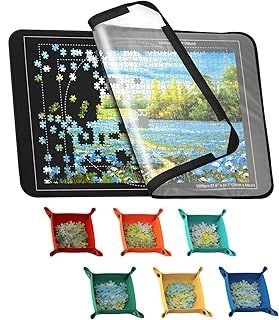 MOZOOSON Jigsaw Board 1000, 500 Pieces Puzzle Board, Jigsaw Puzzle Board 32 x 22in, Jigsaw Accessories Puzzle Storage for Easy Move and Store (1 Clear Cover, 6 Puzzle Sorting Trays) - Black
