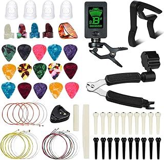 72 PCS Guitar Accessories Kit, FOVERN1 Guitar Tools Set Including Guitar Picks, Capo, Tuner, Guitar Strings, 3 in 1String Winder,Bridge Pins, 6 String Bone Bridge Saddle and Nut, Finger Picks