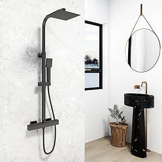 MYB Thermostatic Mixer Shower Set,Square Matte Black Bathroom Thermostat Shower System with Adjustable 8" Overhead Rainfall Shower Head and Handheld Shower