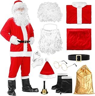 Santa Claus Costume 11 Pcs Santa Costume Adult Men,Father Christmas Outfit Santa Suit with Jacket Pants Hat Wig Beard Glasses Gloves Golden Bag Bell Boot Covers Belt Luxury Santa Costume