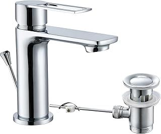 Basin Taps with Pop Up Waste, Modern Basin Mixer Tap Bathroom Sink Taps Mono Single Lever Bathroom Taps with Drain and Hot and Cold Supply Hoses