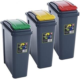 Pack of 3 Recycling Bins 25L 25 Litre Plastic Recycle Dust Bin Kitchen Garden (Red/ Green / Yellow)