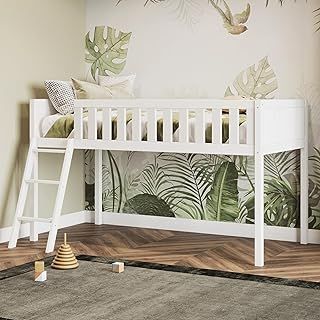 Kids Mid Sleeper Bed with Storage Space, Cabin Bed, Heavy Duty and Sturdy, Cosy, Stylish, Space Saving Design (White)