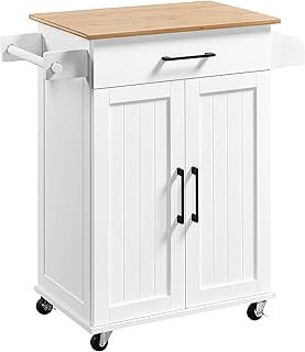 Yaheetech Kitchen Storage Trolley on Wheels With Bamboo Worktop - Rolling Kitchen Island Cart With Towel & Spice Rack for Dining Rooms (81.5x40.5x88.5cm)