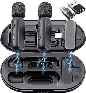 2 Pack Professional Wireless Lavalier Microphone for iPhone iPad Android Phone with Adapter Included Noise Reduction Plug-Play Clip on Lapel Mic for Youtube, Recording, Vlog, Facebook Live Streaming