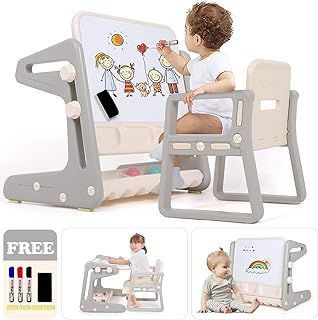 Hadwin Kids Table and Chairs, 3-in-1 Activity & Study Table with Chairs, Convertible Kids Art Easel with Magnetic Whiteboard & Storage Tray for Boys & Girls