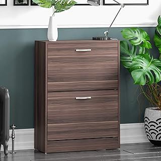 Home Discount Vida Designs 2 Drawer Shoe Cabinet Cupboard Shoe Storage Organiser Pull Down Wooden Furniture Wood Unit, Walnut