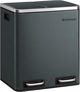 SONGMICS Kitchen Bin, 2 x 15L Double Bin for Recycling and Waste, Pedal Bin with Dual Compartments, Inner Buckets, Soft-Close Lids for Small Families, Steel, Greenish Grey LTB30GS