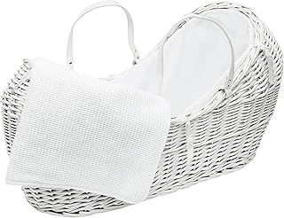 Kinder Valley Baby Moses Basket with Deluxe Grey Rocking Stand - Grey Cotton Waffle White Wicker Noah Pod Moses Basket, Fibre Mattress & Padded Liner | (Gift for Newborn Baby Girls & Boys)