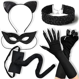 Cat Woman Costume, Black Cat Costume for Women, Cat Woman Accessories with Sequins Black Masquerade Mask Choker Necklace Gloves Cat Tail, Cosplay Accessories for Women Halloween Cosplay
