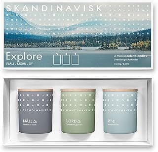 Skandinavisk - Explore Giftset of 3 Mini Scented Candles. FJÄLL ‘Highland’, Fjord, and ØY 'Island'. Vegan Formula. 3 x 65g.