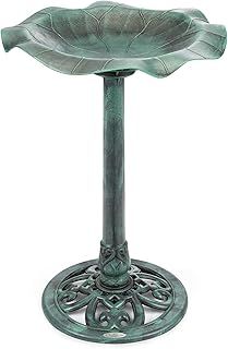 CHRISTOW Plastic Resin Bird Bath for Garden, Leaf Shaped Pedestal Birdbath, Traditional Style, Rustic Metal Effect, Standing Outdoor Water Bowl, 60cm x 43cm x 43cm (Green)