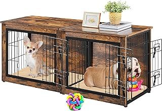 Yaheetech 27.5" Dog Crate Furniture End Table Set of 2, Wooden Dog Cage with Cushion & Double Doors for Puppies Chihuahuas, Yorkshires, Pomeranians, Small Dog Cage 69 x 51 x 61 cm, Rustic Brown