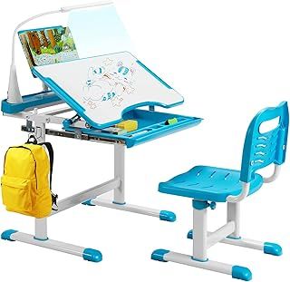 Children's Desk and Chair Set, Height Adjustable Kids Table with Chair, Tilt Desktop, LED Light, Storage Drawer & Book Stand, Study Furniture Set for Girls Boys (Blue)