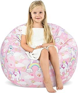 Decalsweet Pink Unicorn Kids Bean Bag Chair-Cover Only-Large Stuffed Animal Storage Bean Bag for Girls Indoor Outdoor (No Filling)