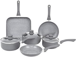 Gr8 Home Induction Aluminium 9 Piece Non Stick Grey Marble Effect Frying Saucepan Grill Pan Pot Set Kitchen Cookware Kit (Improved Design All Pans Induction)