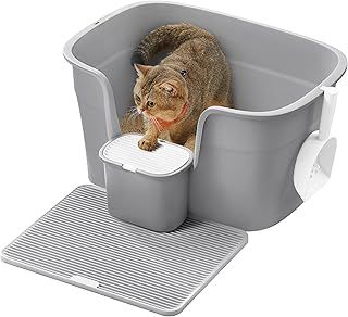 Feandrea Extra Large Cat Litter Box with Hide Sides, Includes Litter Catcher Board, Storage Box, Scoop, for Large Cats, Dove Grey PPT003G01