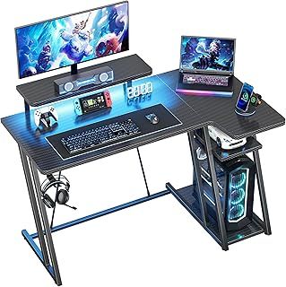 HOMIDEC Gaming Desk with LED Lights, 100CM Computer Desk with Monitor Stand, L Shaped Corner Desk with Headphone Hook and Shelves for Gaming Room, Bedroom, Office, Black