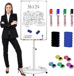 Nicpro Flip Chart Stands Mobile Whiteboard, 90 x 60 cm Magnetic Dry Erase Board Stand, Height Adjustable Standing Easel White Board with 8 Pens, Erasers, Magnet for Office Home Classroom Teaching