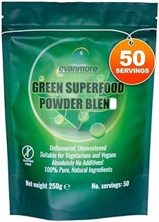 Super Greens Powder Blend - Vitamin Mineral Nutrient Rich - Immune System & Energy Boost - Vegan Vegetarian Superfoods Supplement Alkaline 100% Natural Gluten Free Detox- 250g 50 Servings, Evanmore