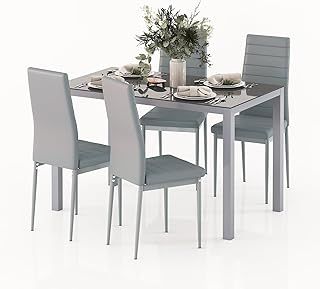 Jooli H Dining Table and Chairs Set 4, Glass Kitchen Table and 4 Faux Leather Foam High Back Padded Chairs Modern Furniture Sets for Dining Room, Kitchen, Office, Lounge, Grey