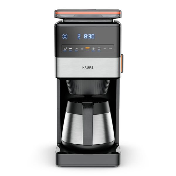Krups Grind Aroma XL KT842810 Coffee Maker, Removable Conical Grinder, Digital Control Panel, XL Capacity (1.25 L), Stainless Steel Thermos, Black/Stainless Steel