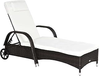 Outsunny Garden Rattan Furniture Single Sun Lounger Recliner Bed Reclining Chair Patio Outdoor Wicker Weave Adjustable Headrest with Fire Retardant Cushion - Brown