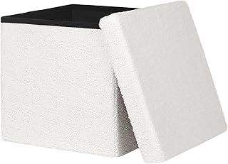 eSituro Ottoman Storage Box, Pouffe Foot Stool with Storage, Cube Storage Box, 38L Capacity, Foldable Pouffe Chair, Toy Storage Box Stool, Teddy Fleece, 37.5x37.5x37.5cm, White