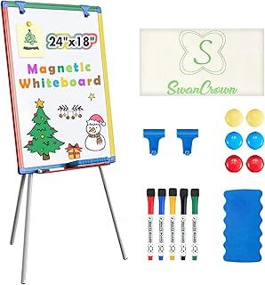 SWANCROWN Portable Whiteboard with Stand 60x45cm, Teaching Easel for Classroom Home School, Colorful Aluminum Frame, Foldable&Height Adjustable