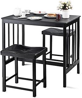 COSTWAY 3 Piece Bar Table Set, Space Saving Dining Table with 2 Upholstered PU Stools and Footrest, Metal Frame Breakfast Kitchen Table Chairs Set for Dining Room Pub