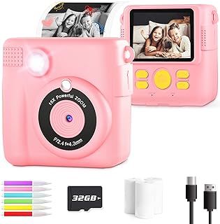 Kids Camera for Girls Boys, Kids Instant Print Camera Toy for 3-14 Year Old, 1080P HD Kids Digital Camera with Photo Paper Birthday Gifts for 3 4 5 6 7 8 9+ Year Old Girl 6 Colour Pens 32GB SD Card