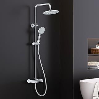 FORIOUS Thermostatic Shower Mixer Set,Stainless Steel Shower Bar Set with Adjustable Height Shower Rod, 25cm Round Overhead Rainfall Shower,3 Jet Types Hand Shower,Thermostatic Shower System Chrom