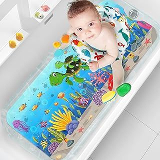 XIYUNTE Baby Bath Mats Non Slip Anti Mould, Cartoon Kids Bath Mat Non Slip, 100x40cm Extra Large Baby Shower Mat Non Slip Bath Mat with Suction Cups & Drain Holes, Machine Washable, Sea Turtle