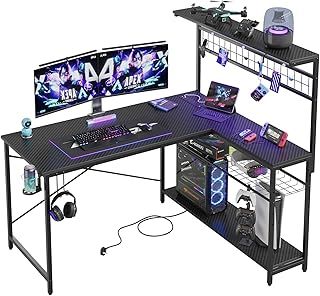 Bestier L-Shaped Gaming Desk with Power Outlets, LED Workstation with 4 Tiers Shelves for Home Office, Gamer Reversible Table with Hooks and Cup (BDCF, 129cm)