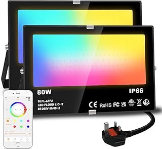 LED Floodlight 80W Equivalent 8000LM, Smart RGB Flood Lights Outdoor with APP Control, Colour Changing + Warm White, Timing - Scene - Garden Lighting, IP66, UK Plug（2 Packs