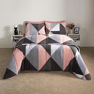 OHS Teddy Coverless Quilt Double 10.5 Tog, Reversible Fleece Duvet Double Washable Coverless Duvet Camping Winter Duvet Double Soft Warm Comfy Bedding with Pillowcases, Pink Geo